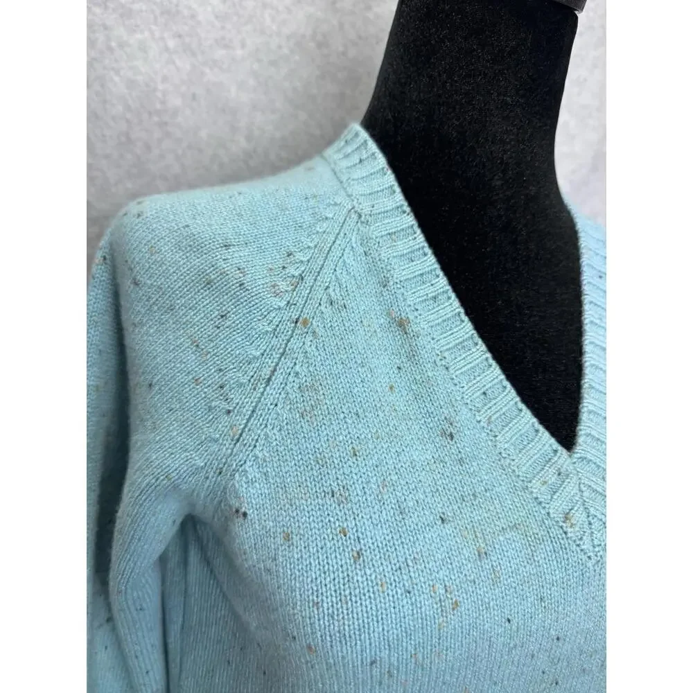 Kinross 100% Cashmere Speckled Teal V-neck woman's Sweater Medium Cottagecore